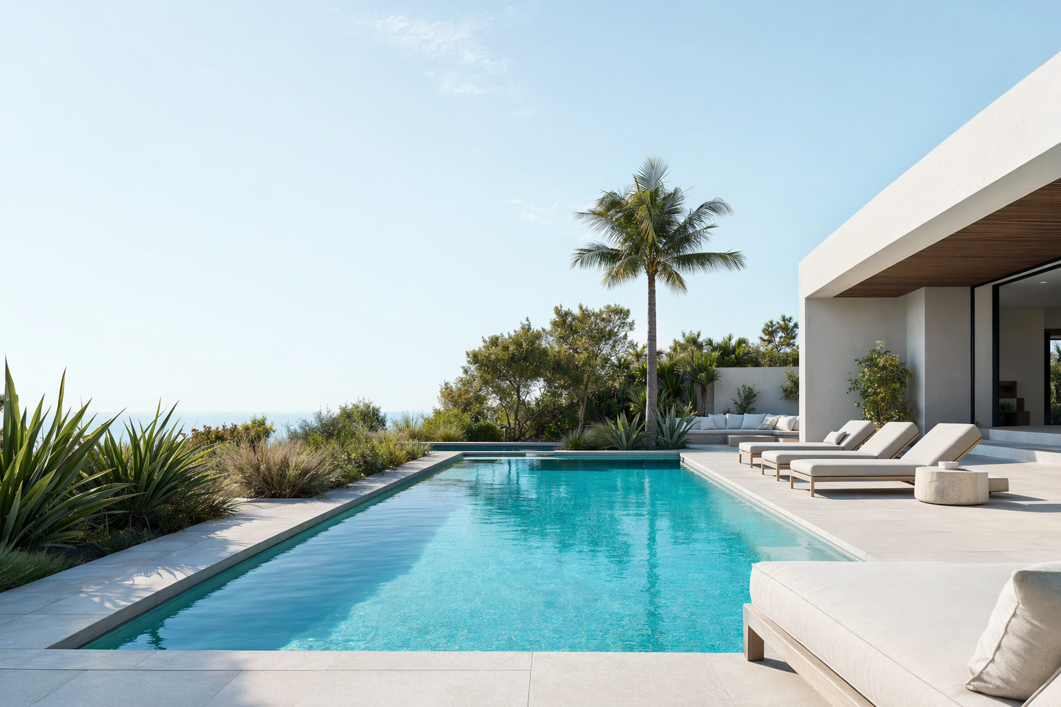 Illustration of a modern in-ground backyard pool with clean decking